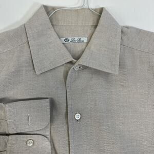 Loro Piana Shirt Mens Large Button Solid Down Beige Made Italy Dress Casual
